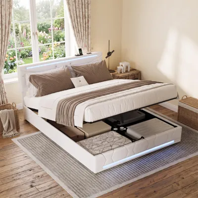 Produktbild von INONEFT Boxspringbett 140x200cm mit USB/Typ C, Polsterbett mit LED und Stauraum, Jugendbett Doppelbett mit Lattenrost, Stauraumbett, Leinen, Beige