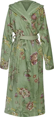 A full-length view of a floral-patterned bathrobe.