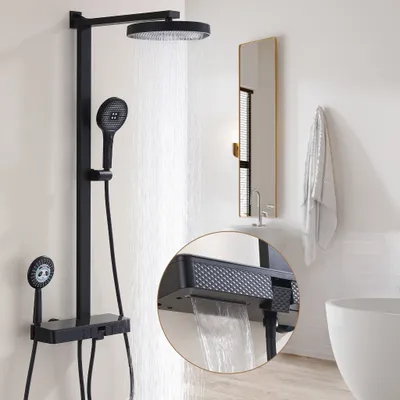 Produktbild von Homelody Duschsystem mit 40℃ Thermostat，4  Wasserstrahl-Funktion（Regendusche、Handbrause、Unterwasserfall、Kinderbrause）Gehärtetes Glas Ablage-Thermostat