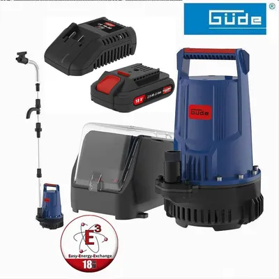 A collage of a submersible pump, its accessories, and related items including a battery and charger.