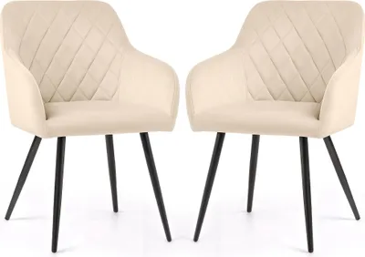 Produktbild von 2er Set Velours Esszimmerstühle mit Rautensteppung VELTO Beige mit schwarzen Beinen