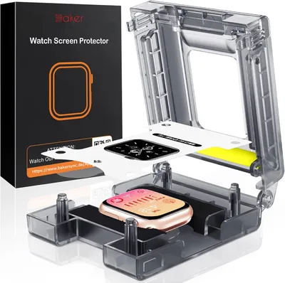 A watch screen protector kit with an installation jig and packaging.