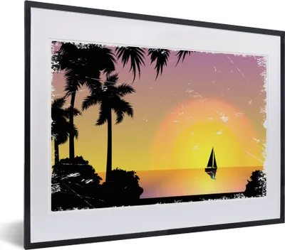 Produktbild von MuchoWow® MuchoWow® Gerahmtes Poster Segelboot - Palme - Sonne 40x30 cm - Poster mit zchwarzem Bilderrahmen - Bilderrahmen - Poster im Rahmen