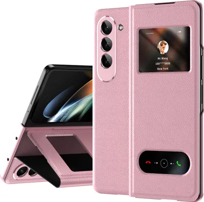 Image de Etui mince en cuir pour Samsung Galaxy Z Fold 5, avec fenêtre d'affichage et fonction stand Rose litchi