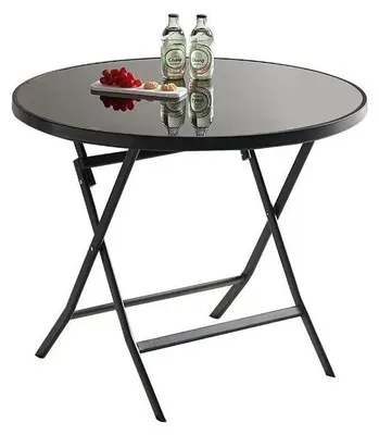 Obrázek produktu pro Skládací přenosný stolek – venkovní zahradní stolek – ocelová konstrukce – skleněná deska – výška 72 cm – úsporný design, skládací – černá barva
