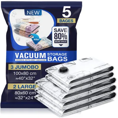 Productafbeelding van Vacuümzakken voor dekbedden en kleding - Herbruikbaar voor ruimtebesparende opslag - 5 stuks: 3 jumbo zakken (100x80 cm) en 2 grote zakken (80x60 cm)