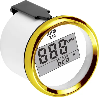 Obrázek produktu pro otáčkoměr 0-9990 ot/min, vodotěsný IP67, červené podsvícení, 52 mm/2" LCD displej, 9-32 V, bílý číselník, zlatý kryt