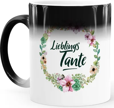 Produktbild von Zaubertasse Farbwechsel Tasse Lieblingstante Geschenk für Tante Familie Blumen MoonWorks® Tante weiß Magic-Tasse