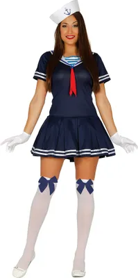 Produktbild von Matrosen Retro Outfit 40er Jahre Marine Kleid Kostüm Karneval Blauer Look Weißes Detail Bogenkragen Schiffsmotiv Stil Elegantes Styling Zeitlose Atmosphäre, Größe: 36 - 38 (S) Farbe: Blau