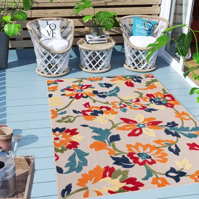 Produktbild von Carpeto Rugs Blumenmuster In- & Outdoor Teppich Wetterfest für Balkon, Terasse - Balkon Teppich Wasserfest - Outdoorteppich Wetterfest - Aussenteppich Terrasse Groß - Orange Bunt - 160 x 230 cm