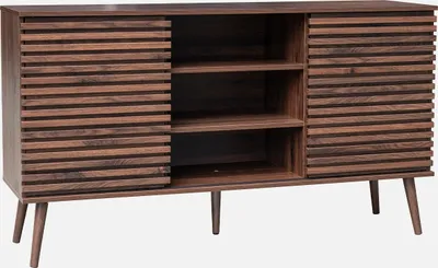 A wooden sideboard with slatted sliding doors and three open shelves, supported by four tapered legs.