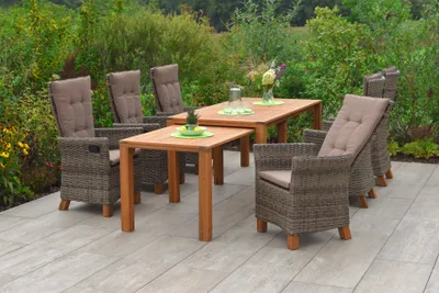 Obrázek produktu pro Sedmidílná sada zahradního nábytku Merxx "Toskana" s rozkládacím stolem Flex 185/370 x 90 cm, včetně polštářů - hliníkový rám s proutím z přírodního plastu a akátového dřeva