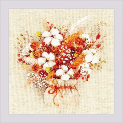 Immagine prodotto di Kit per ricamo a punto croce Riolis, "Bouquet con erba vellutata e cotone", tela Aida 14 ct, schema a punti, 25x25 cm