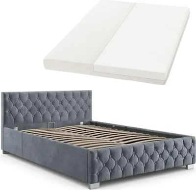 Produktbild von Juskys Polsterbett Nizza 140x200 cm mit Matratze - Bettgestell mit Lattenrost, Stauraum & LED Beleuchtung - Samtbezug, Chesterfield-Steppung - Grau