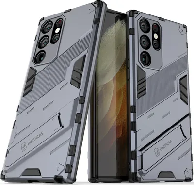 Produktbild von Armor Hülle für Samsung Galaxy S22 Ultra 5G, Hybrid PC TPU Bumper Stoßfestes Schutzhülle mit Standfunktion Grau