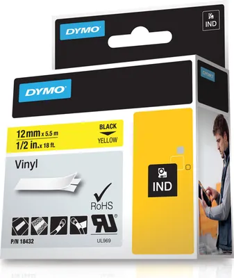 Zdjęcie produktu dla DYMO Rhino etykiety winylowe | 12 mm x 5,5 m | czarny nadruk na żółtym | samoprzylepne, Czarny na żółtym, Wielobarwny, Winyl, -40 - 80 °C, UL 969, DYMO