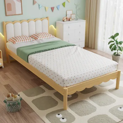 Produktbild von Merax Holzbett Polsterbett 90x200cm mit Wellendesign, Einzelbett mit gepolstertem PolyurethanKopfteil, Kinderbett stabilem Lattenrost, Massivholzrahmen, Beige