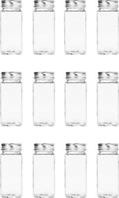 Produktbild von Krumble Gewürzdosen 12er Set - 120 ml - Gewürzstreuer - Streudose - Mit Streudeckel - Vorratsdosen - Quadratisch - Glas - Mit Aluminiumdeckel - Transparent - 4,4 x 4,4 x 10,5 cm