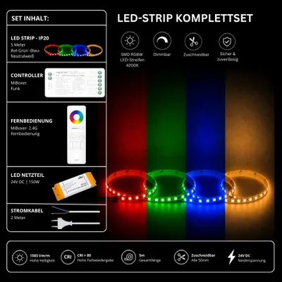 Produktbild von LED Streifen Set RGBW – SMD LED Streifen 24V, 4-in-1, 19,2 W/m, 5m, RGB + Neutralweiß 4200K – SS150 Netzteil, SR5 Funk-Controller und C5 Fernbedienung Weiß