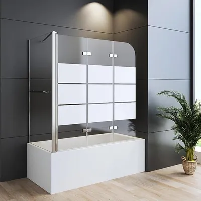 Produktbild von Duschwand für Badewanne mit Seitenwand 70x120x140cm 3-teilig Faltbar Duschwand, Gestreift Glas Duschabtrennung Badewannenaufsatz aus 6mm ESG Sicherheitsglas, Glas Duschtrennwand Badewannenwand