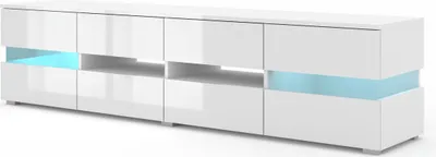 Image de Meuble TV VIPER 186 cm, blanc brillant + éclairage LED, étagères en verre, meuble bas TV, table TV, meuble TV, buffet, commode, meuble hi-fi, design moderne, style loft, industriel, vitrine transparente en verre