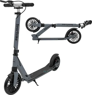 A gray scooter is shown in three different views: unfolded and upright, folded, and unfolded and on its side.