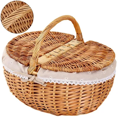 Produktbild von Runder Weiden-Picknickkorb mit Deckel, Tragegriff und Stofffutter, handgeflochtener Einkaufskorb, Picknickkorb für 2 Personen, einfarbig