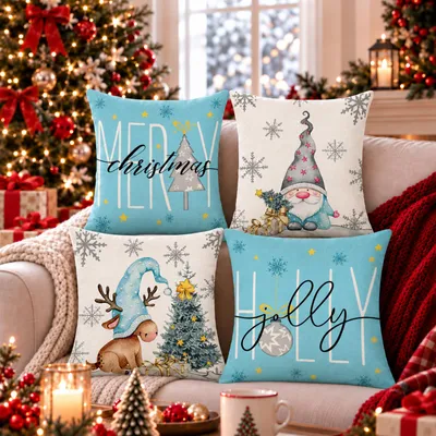 Image de Lot de 4 housses de coussin de Noël, 45 x 45 cm, couleurs variées, mélange de lin, pour décoration de canapé ou de chambre