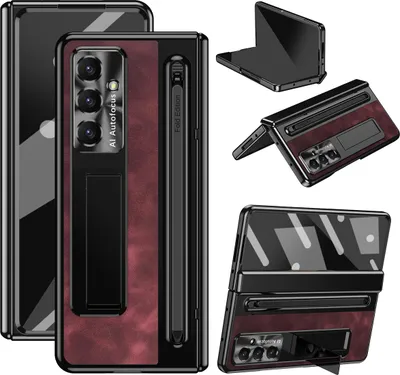 Produktbild von Hülle für Samsung Galaxy Z Fold 7, Metall Objektiv Scharnier Schutz, Vintage Leder Ständer Handyhülle mit S Pen Halter und Displayschutzfolie Rot
