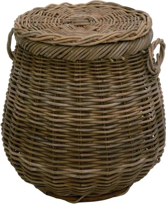 A woven rattan basket with a lid, presented against a white background.