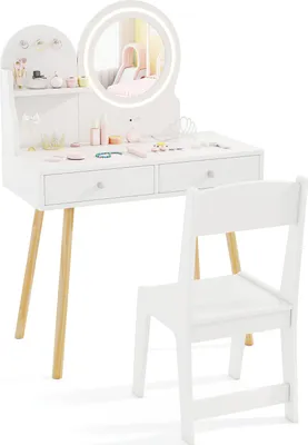 A white children's vanity table and chair set with a lighted mirror and accessories.