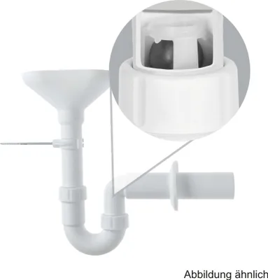 A close-up view of a white plastic siphon trap with a magnified inset showing a ball valve mechanism.