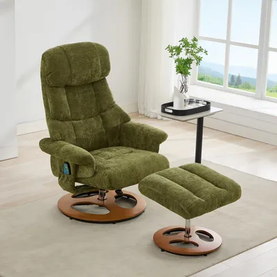 Produktbild von Komfortabler Relaxsessel mit Massage und Wärmefunktion, Liegefunktion & Hocker, 360° drehbar, Chenille-Stoff in Grün.