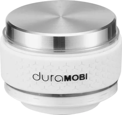A white and silver mini Bluetooth speaker with a textured pattern and the brand name "duraMOBI" printed on it.