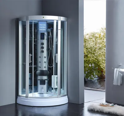Produktbild von PureHaven Dampfdusche 95x95 cm mit LED-Sternenhimmel Regenfalldusche 6 Massagedüsen Tropenbrause Sitzfläche Radio Ozondesinfektion Silberfarben/Weiß