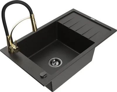 Produktbild von Mexen Elias 1 Becken-Granitspüle mit Abtropffläche und Mischbatterie Aster, Schwarz/Gold metallisch - 6511-75-73450-57-B