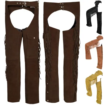 Vorder- und Rückansicht der Herren Western Leder Chaps in dunkelbraun mit weichem Rindsleder, klassischen Fransen, verstellbarer Passform und hochwertiger Qualität für Westernreiten, jetzt kaufen.