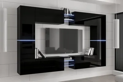 Produktbild von Furnitech Wohnwand Wohnzimmer - Wohnzimmer Möbel mit LED RGB - 16 Farben - Hängend Wohnwand Modern - Regale und TV Schrank (C20N-21B-HG1-1B)