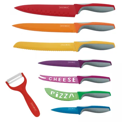 Produktbild von Royalty Line RL-COL7A Messer Set 7-teilig – Edelstahl Küchenmesser mit Antihaftbeschichtung, farbige Griffe, inkl. Pizza- & Käsemesser + Schäler