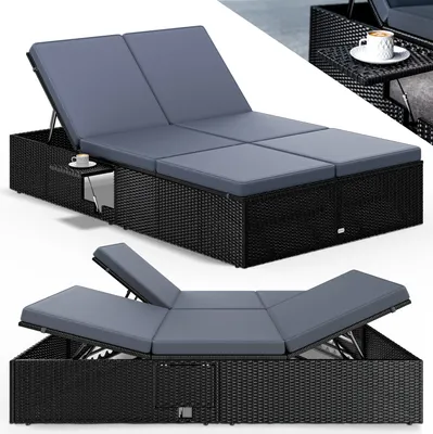 A collage of images showing a black rattan double sun lounger with grey cushions, with a small table attached and the lounger in different configurations.