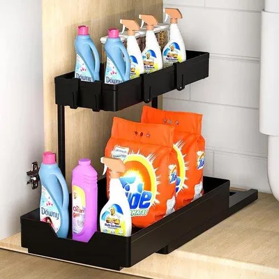 Immagine prodotto di Organizzatore angolare per mobiletti sottolavello Unyqoos®, estraibile, a 2 ripiani, per lavello (cucina e bagno), 37,5 x 24 x 35,5 cm, in ABS/acciaio inossidabile, con 4 ganci, colore nero, capacità fino a 100 kg