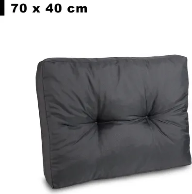 A dark gray cushion is shown against a white background. Text indicating dimensions is present at the top.