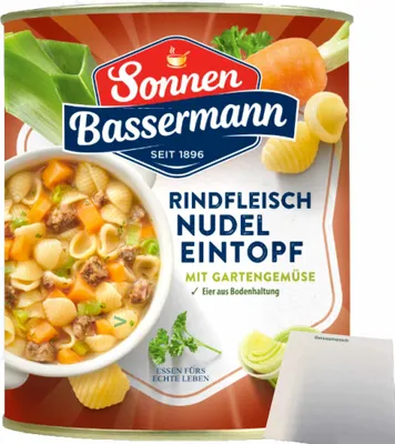 Produktbild von Sonnen Bassermann Rindfleisch-Nudel-Eintopf (800g Dose) + usy Block
