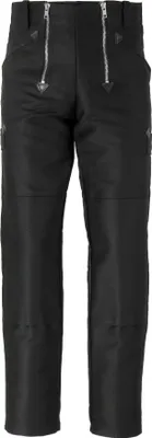 A pair of black trousers with zippers on the front.