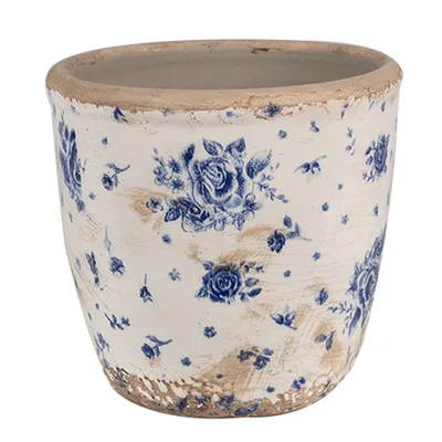 Zdjęcie produktu dla Clayre & Eef Doniczka Ø 13x12 cm Beżowo-niebieskie ceramiczne róże