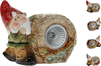A collage of a garden gnome solar light, with one main image and four smaller images showing variations.