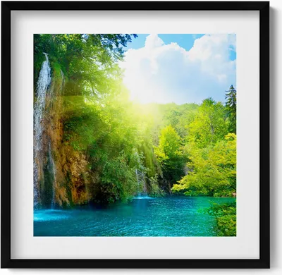 Produktbild von Blaue Lagunenlandschaft– Wandbild mit Rahmen – Gerahmtes Bild  – Wanddekoration – 50x50 cm –  Schwarz Rahmen
