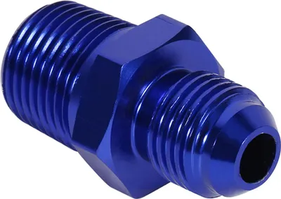 Imagen del producto de Adaptador recto de aluminio para conexiones de combustible/aceite, con rosca hembra AN6 a rosca macho de 3/8" NPT, color azul