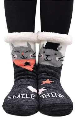 Produktbild von Haussocken Damen dick mit Anti-Rutsch-Sohle warm flauschig Innenfrottee Größe 36-41 Katze