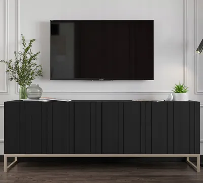 Produktbild von TV-Schrank Glamour TV-Schrank Elpis Viertürig Modern Lindner Möbel 150cm x 51,5cm x 36,5cm Farbe: Schwarz matt Rahmen: Gold - Metall